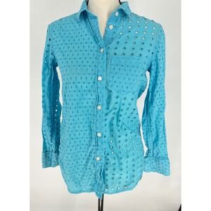 J Crew Eyelet Shirt Button Down Long Sleeve Cotton Top Blouse Turquoise Size 00‎